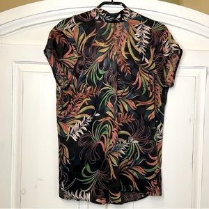 Sisley Black Silk Blouse with Leaf-Print